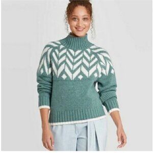 a new day Green and White Chevron Turtleneck Sweater